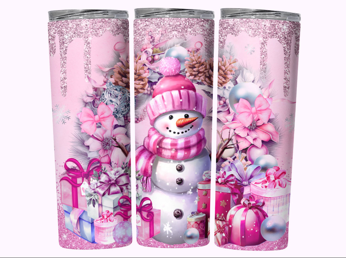 Pink Sparkly Snowman Christmas Tumbler
