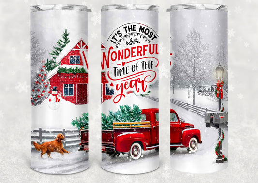 Watercolor Red Truck Falling Snow Christmas Tumbler