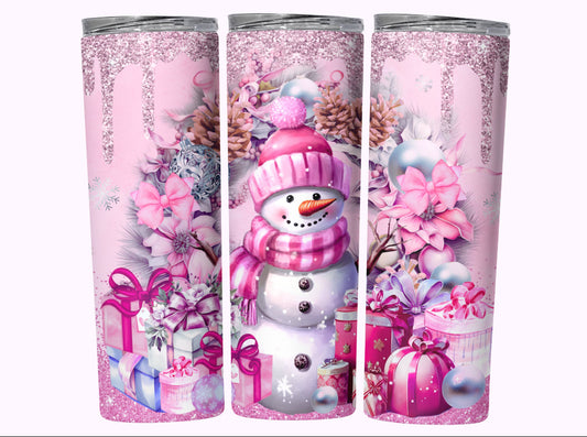 Pink Sparkly Snowman Christmas Tumbler